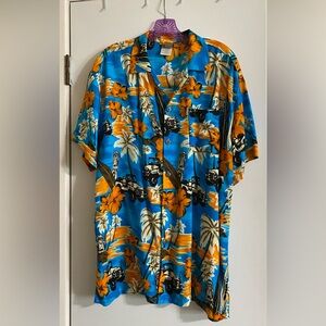 Ingear NWOT men’s Tropical Blue and Orange Shirt with jeeps on it